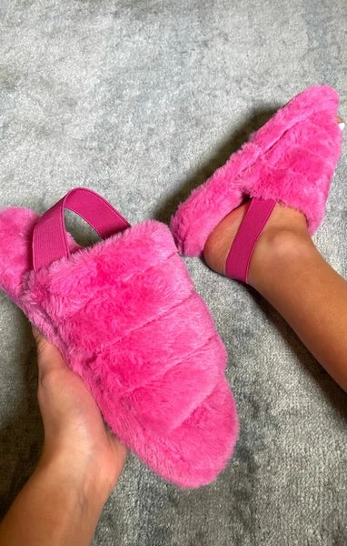 Pink Fluffy Faux Fur Elasticated Back Flatform Slippers - Amara