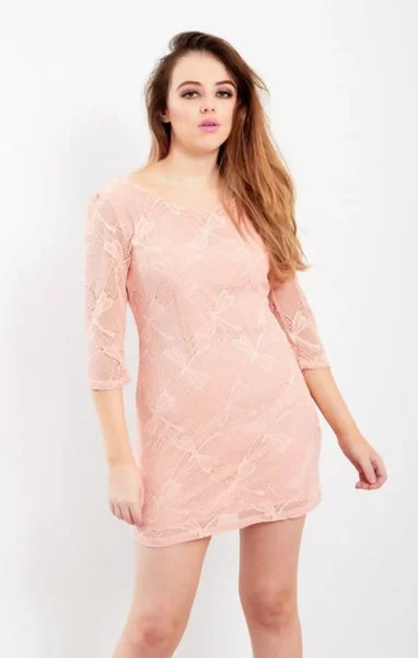 Pink Lace Overlay Shift Double Layer Bodycon Mini Dress - Joyce