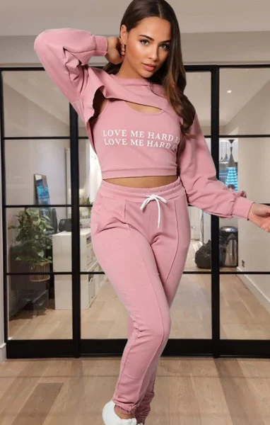 Pink 'Love Me Harder' Crop Top Three Piece Co-ord - Sammy