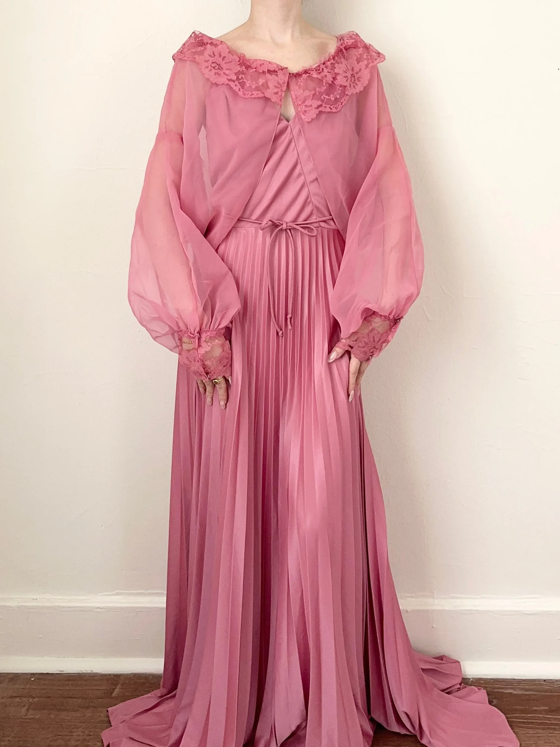 Pink Mauve Silky Slip Dress Nightgown & Bed Jacket Set (M)