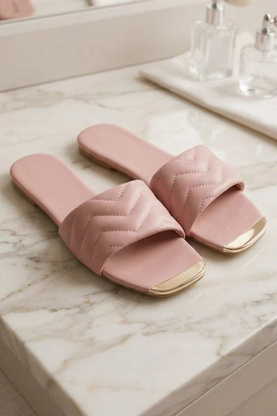 Pink Quilted Flat Slip-On Sandals with Gold Toe Detail - Yora