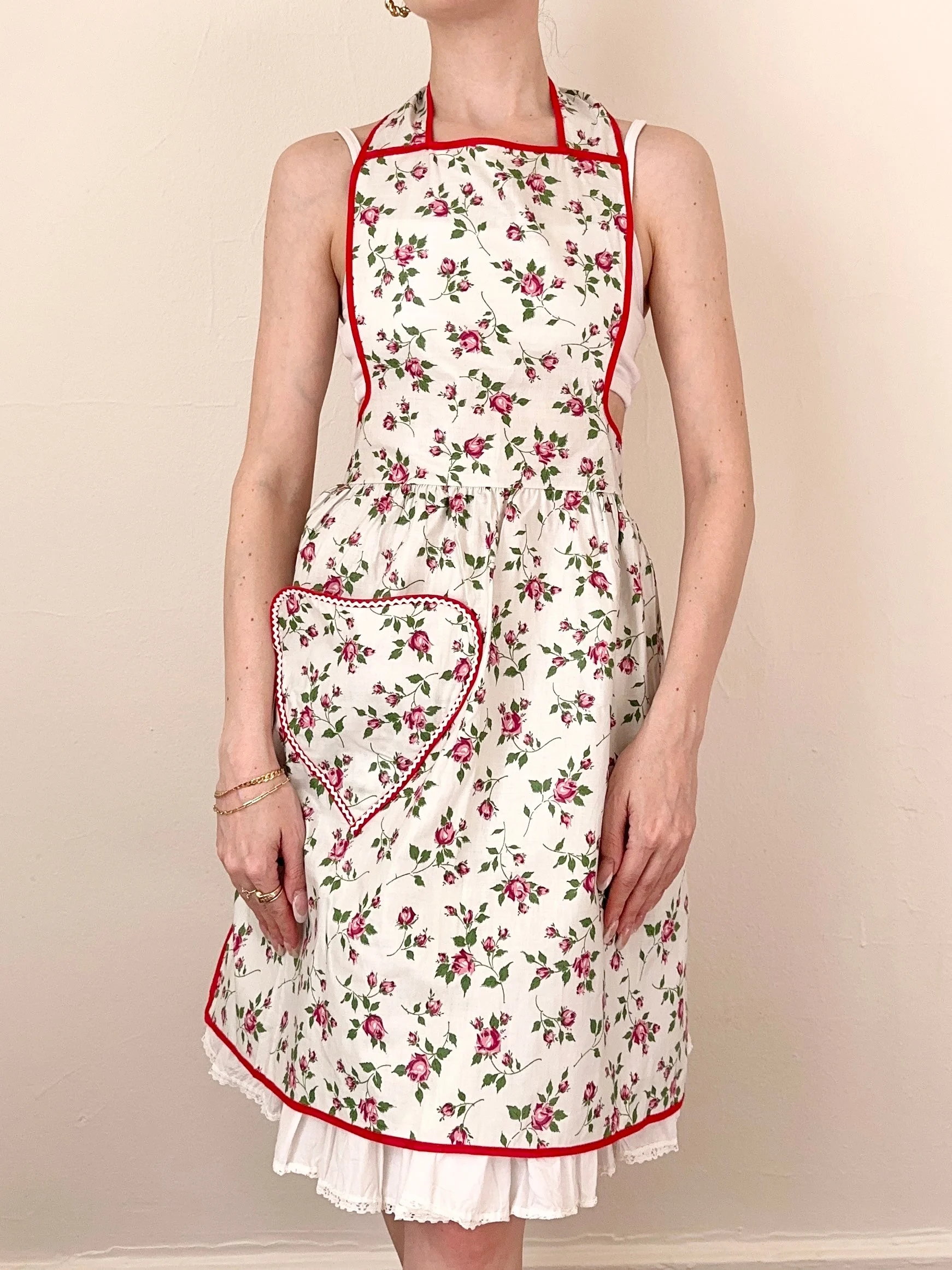 Pink and Red Romantic Ditzy Roses Vintage Pinafore Apron Dress