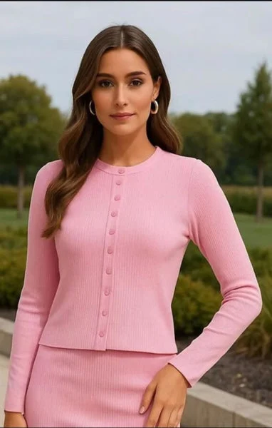 Pink Ribbed Molly Button Through Top - Rosita