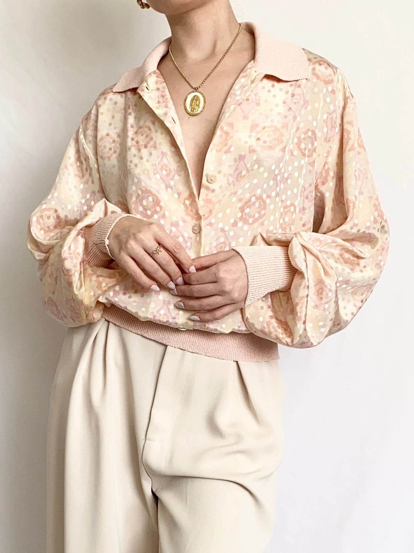 Pink Satin 1970s Rose Swiss Dot Blouse (M)