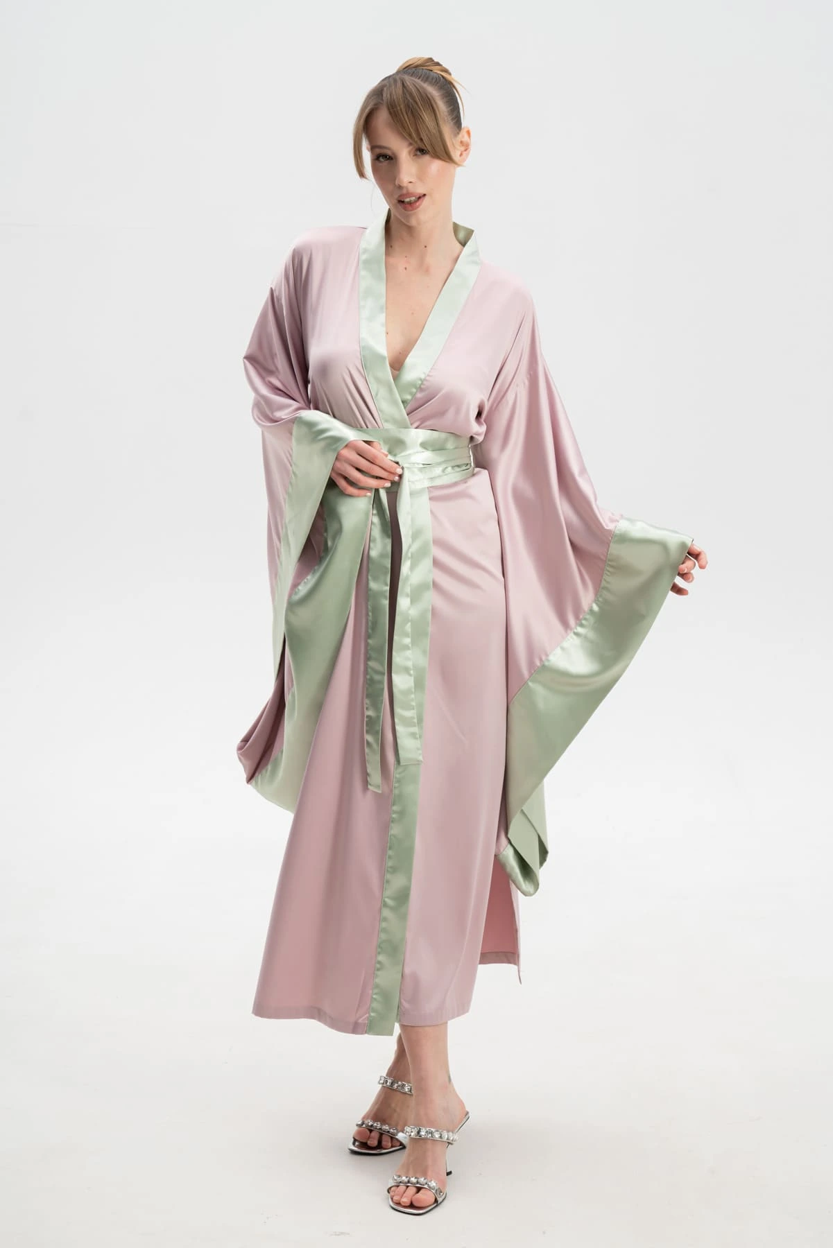 Pink Satin Kimono Dressing Gown in Japanese Style