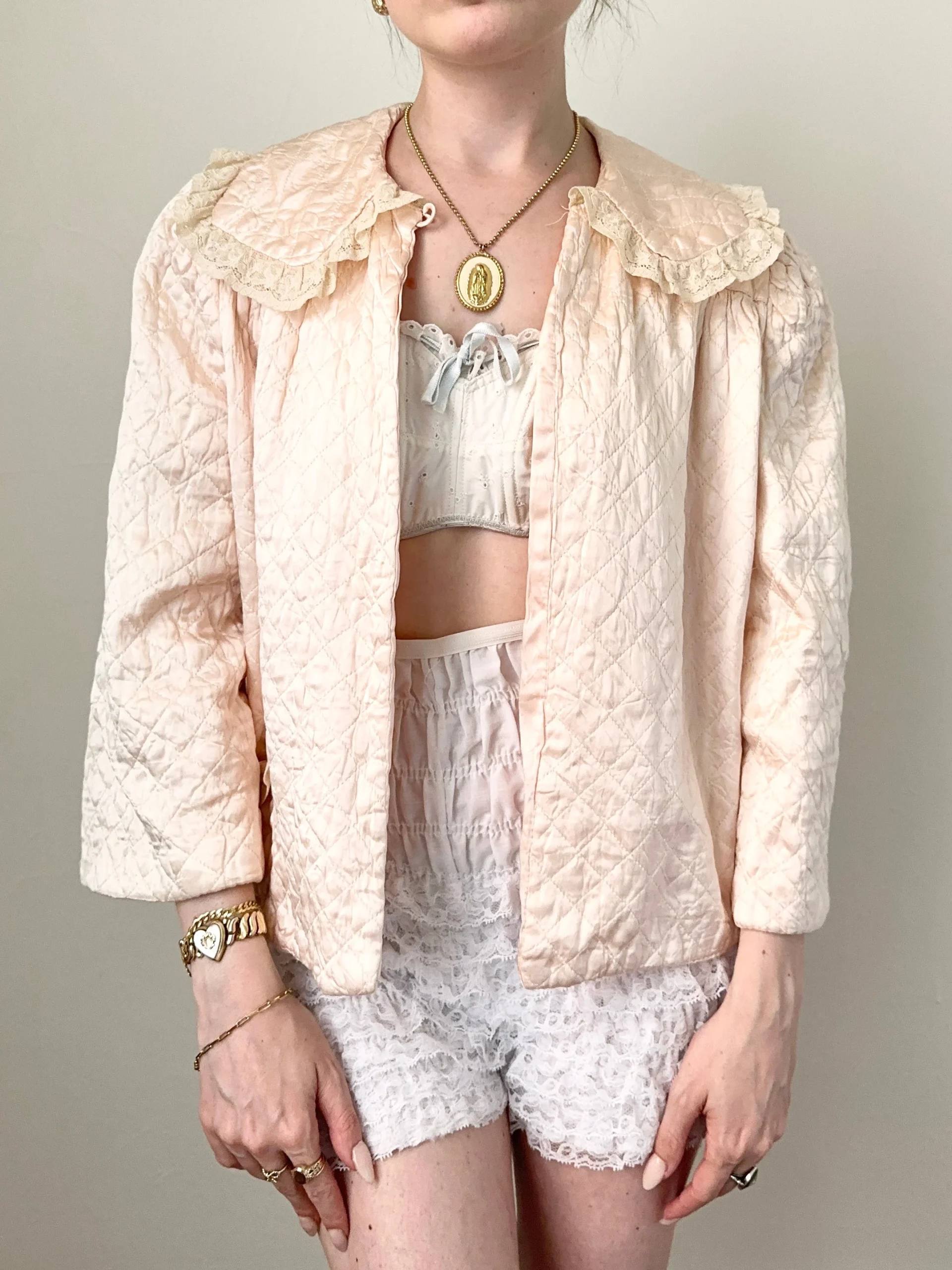 Pink Silk Satin Quilted Antique 1930s 1940s Bed Jacket (S)