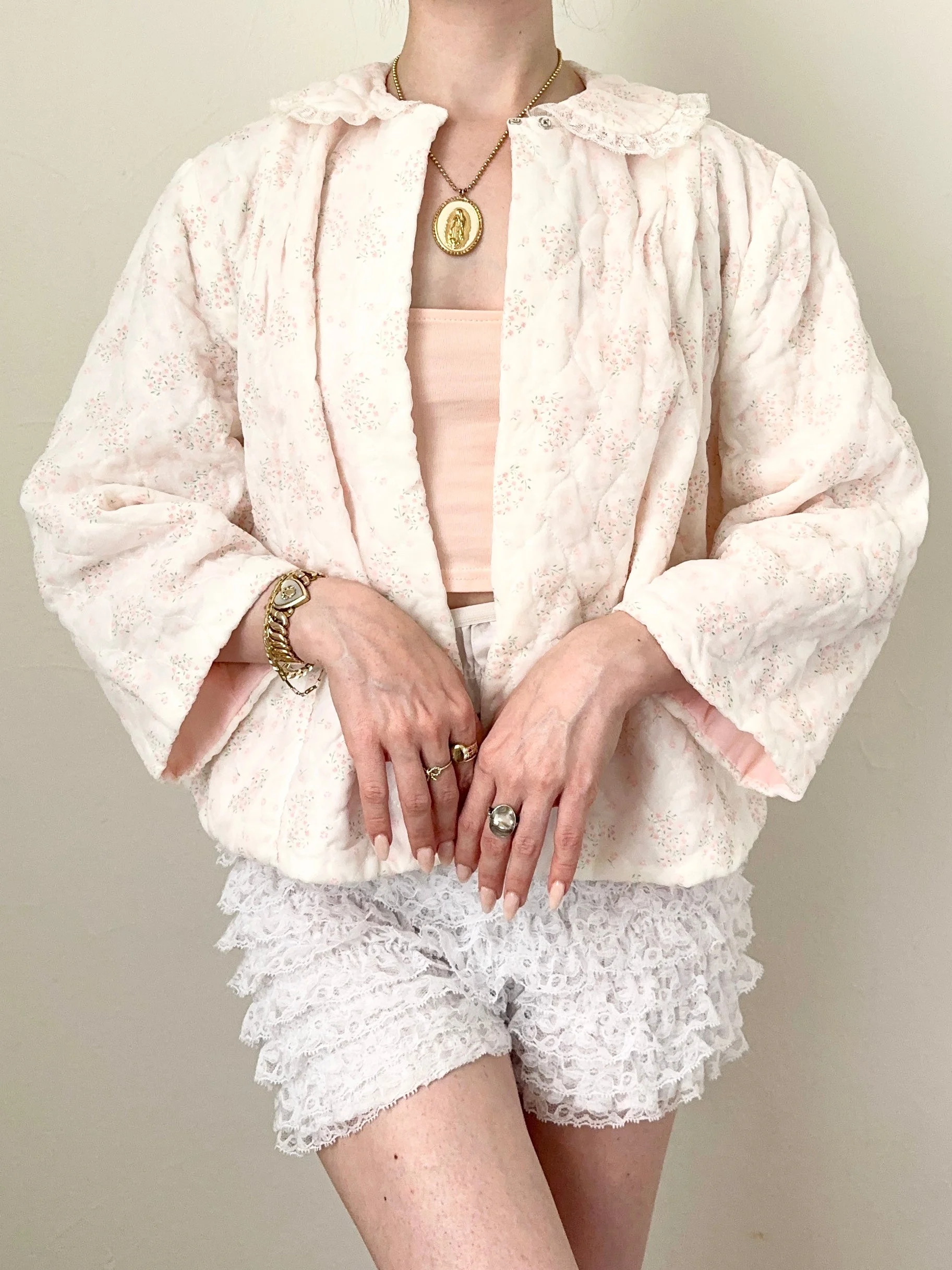 Pink Silky Ditsy Floral Lace Trim 1950s Bed Jacket (S)