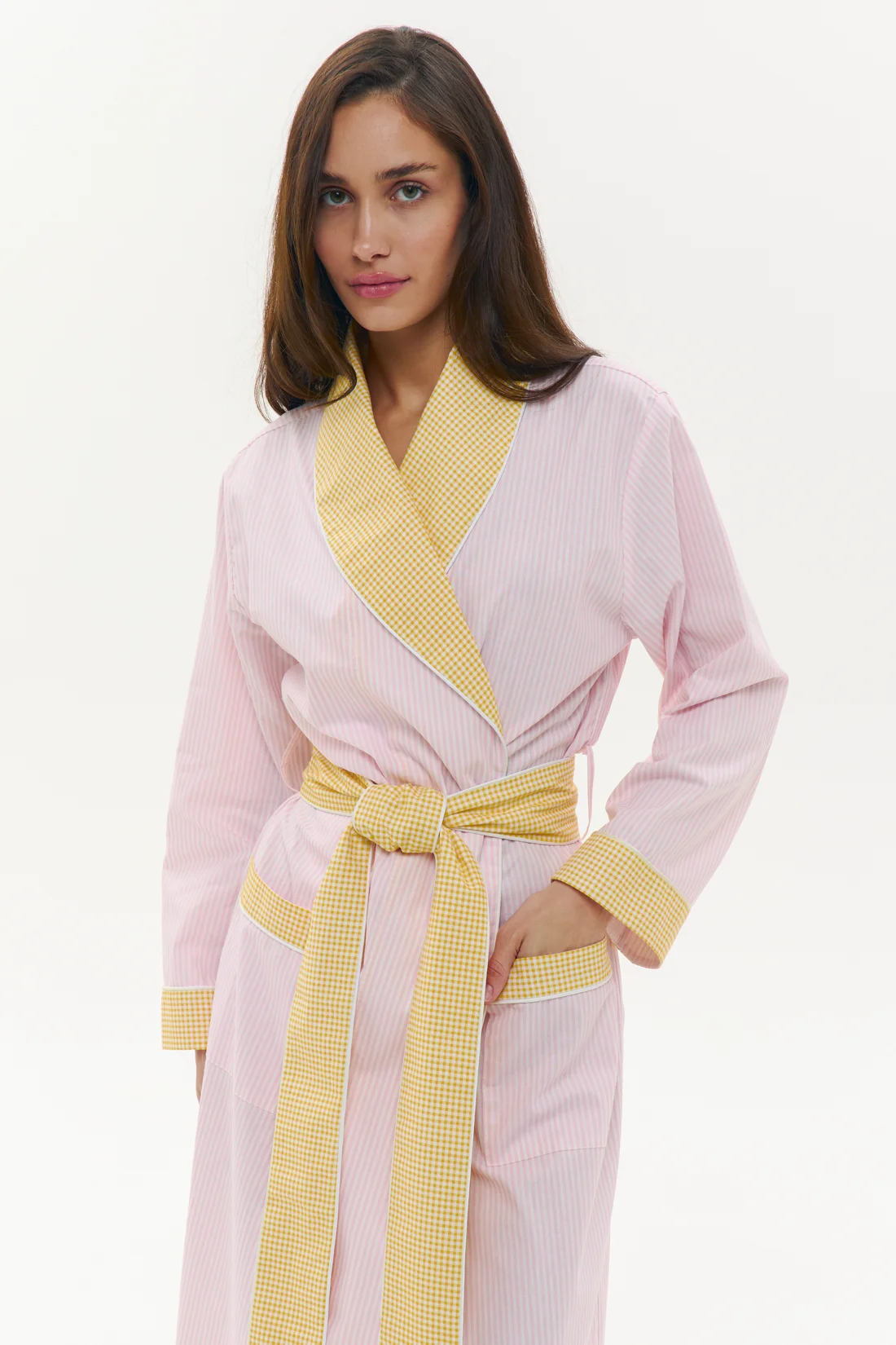 Pink Stripe Cotton Dressing Gown in Floor Length