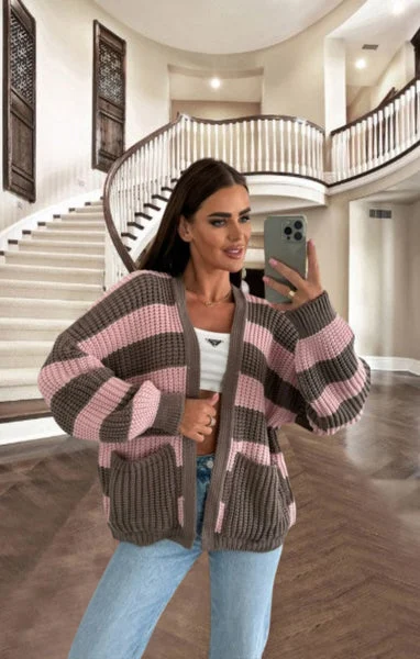 Pink Striped Chunky Knit Oversized Cardigan - Lottie