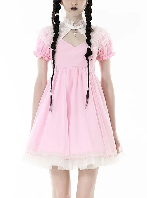 Pink Woven Splicing White Waistcoat With Cross On The Front And Back Bow Tail Gothic Style Short Sleeved Dress