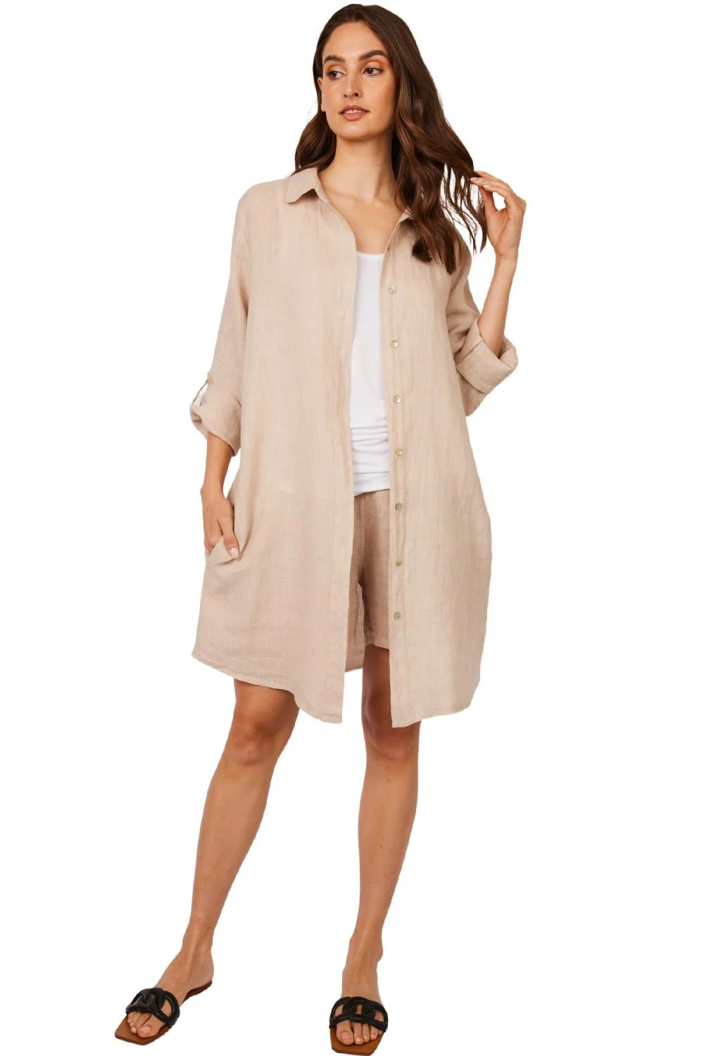 Pistache Button Down Blouse Dress with Pockets, Flax (N3520)