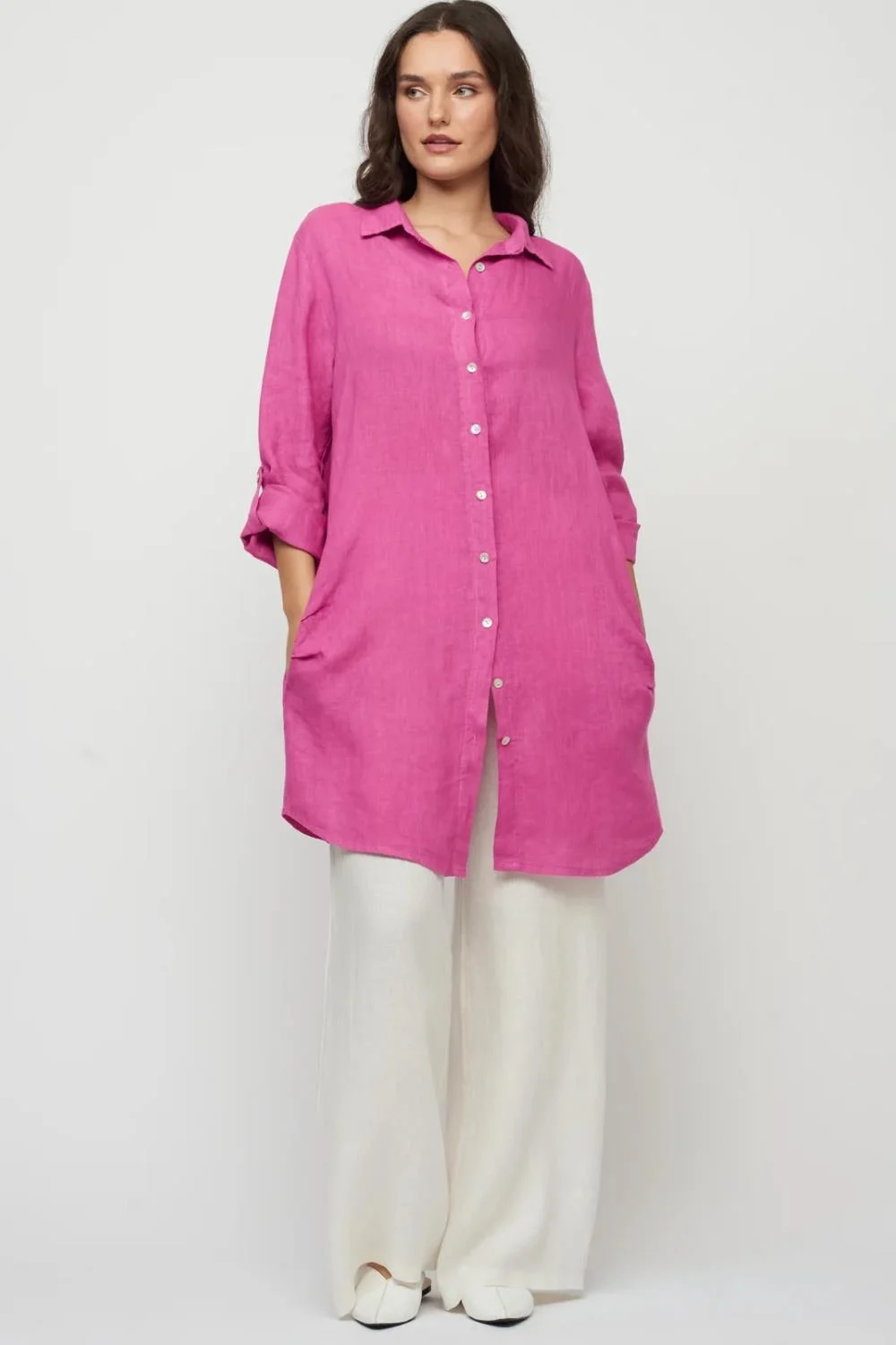 Pistache Linen Button Down Blouse Dress with Pockets N-3520 Orchid