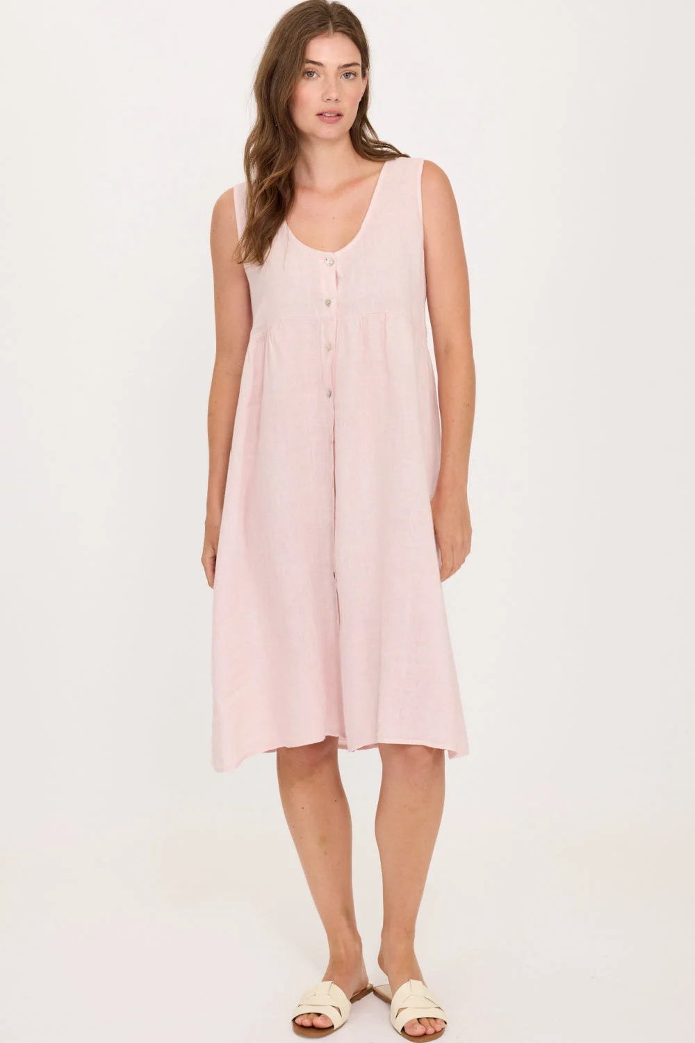 Pistache Linen Button Down Dress, Pink Mist Cipria (R0352)