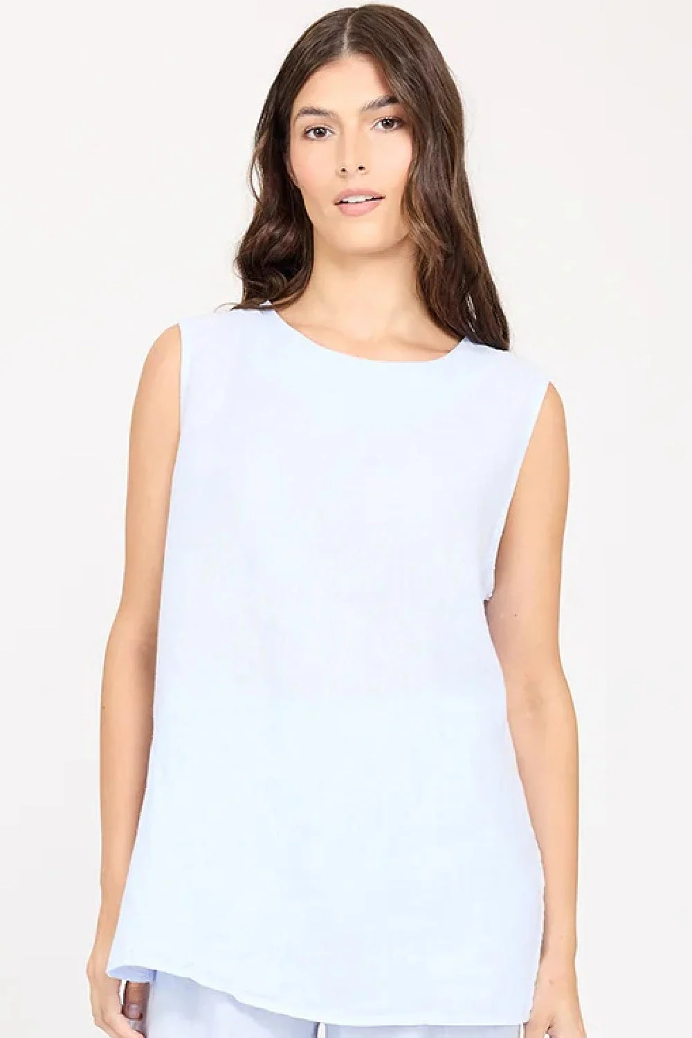 Pistache Linen Crew Neck Top, Cloud Blue Celeste (R0365)