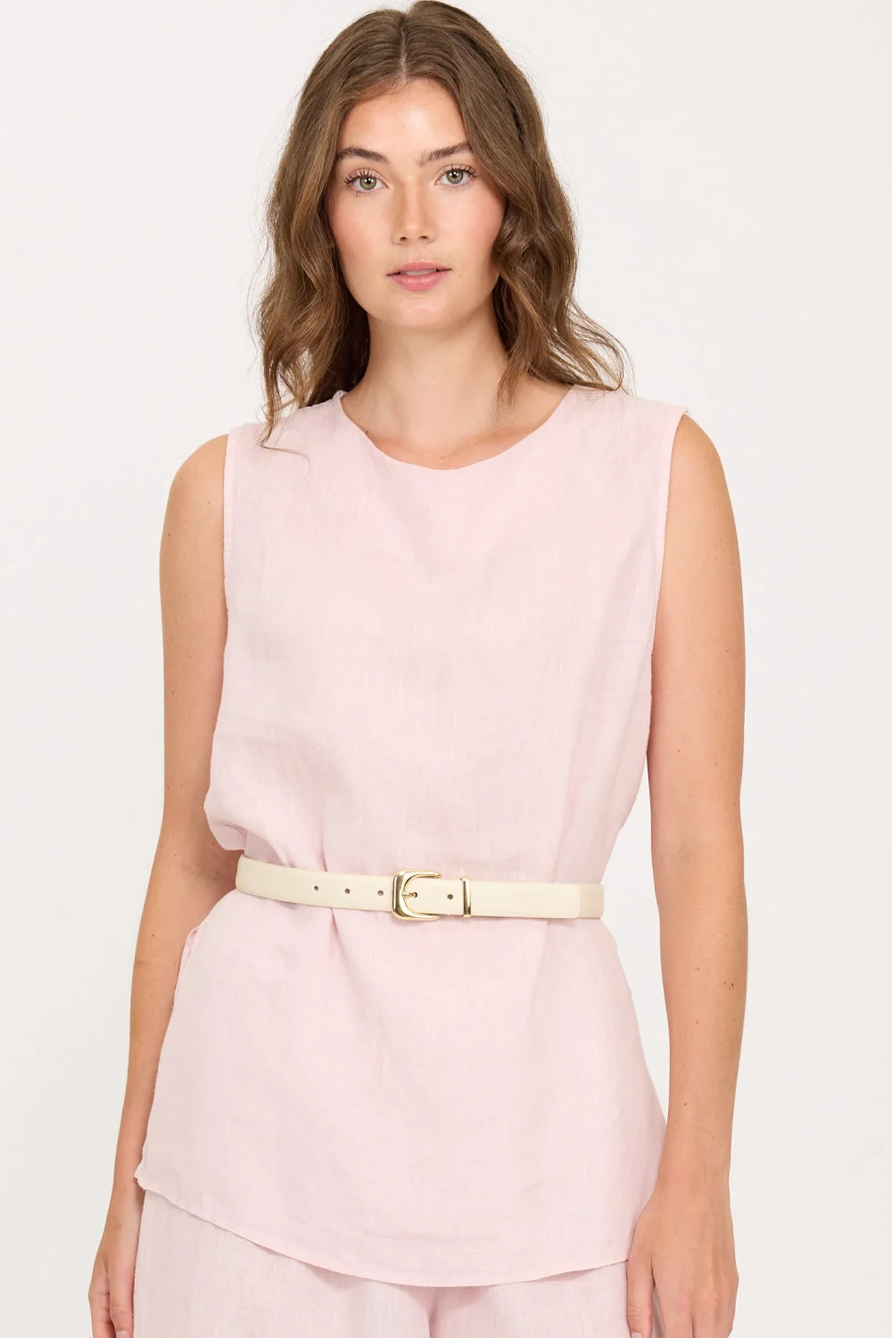 Pistache Linen Crew Neck Top, Pink Mist Cipria (R0365)