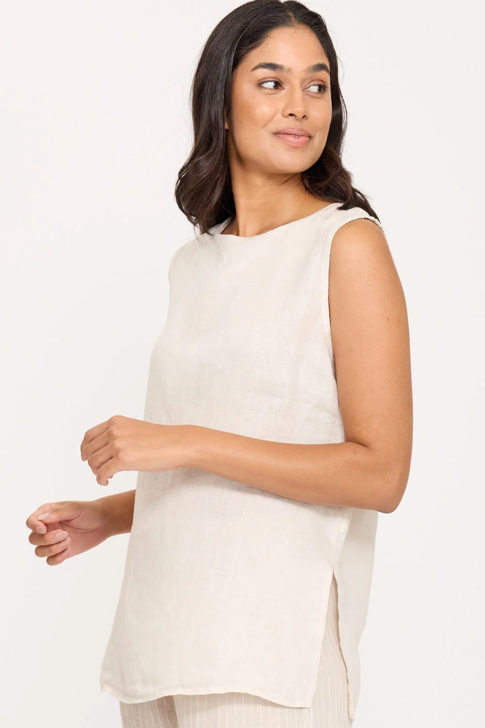 Pistache Linen Crew Neck Top, Summer Beige (R0365)