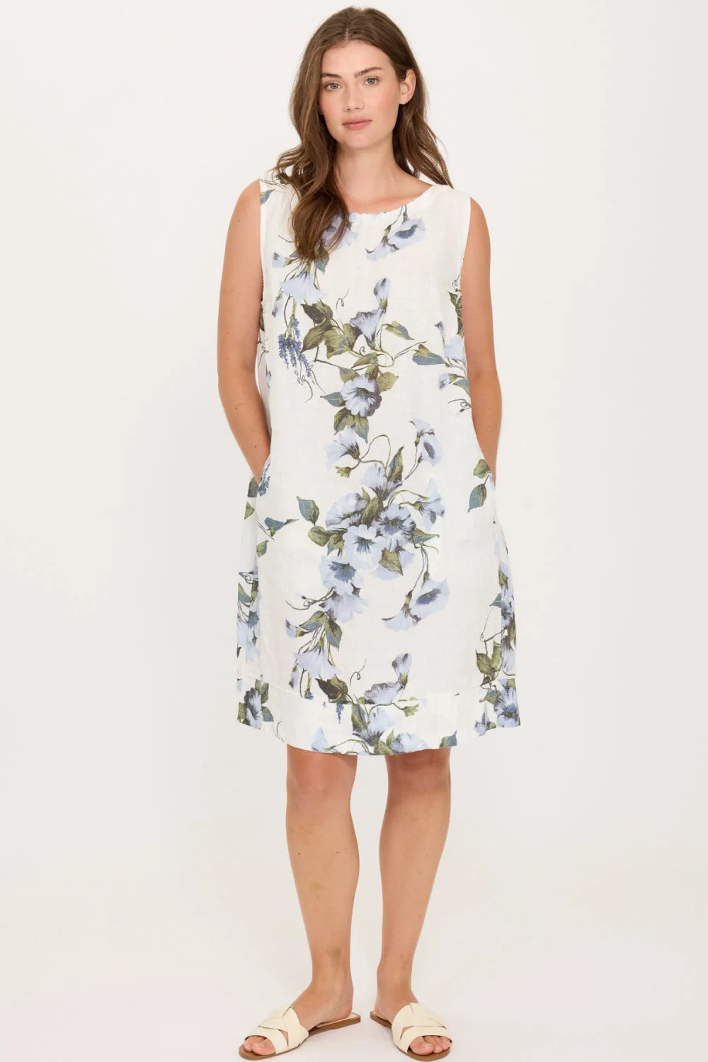 Pistache Linen Gathered Dress, Floral (T35721)