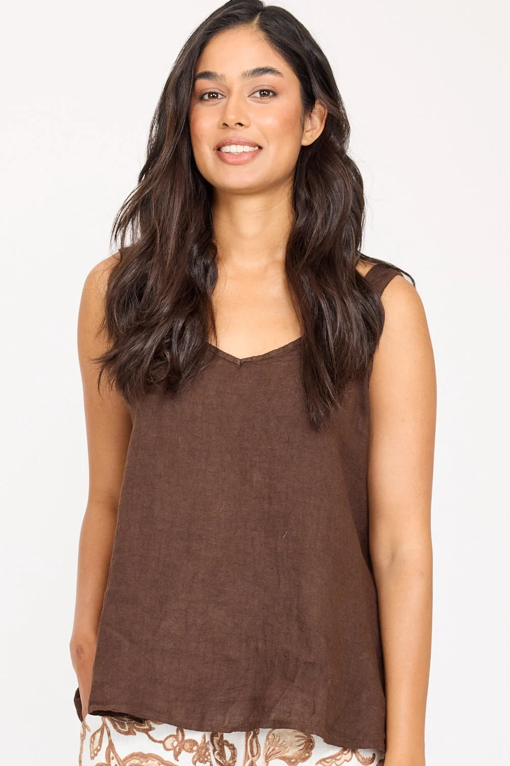 Pistache Linen Sleeveless Flowy Top, Coffe Caffe (R0330)