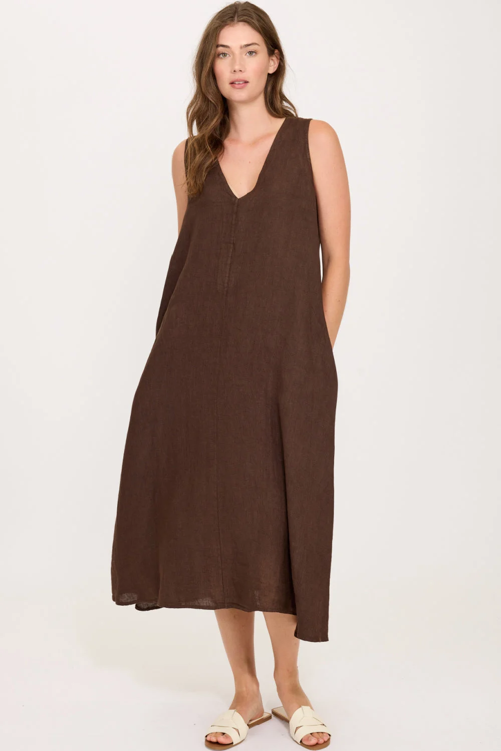 Pistache Linen Sleeveless Midi Dress, Coffee Caffe (R0353)
