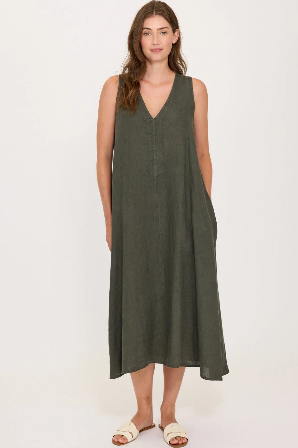 Pistache Linen Sleeveless Midi Dress, Military Green (R0353)
