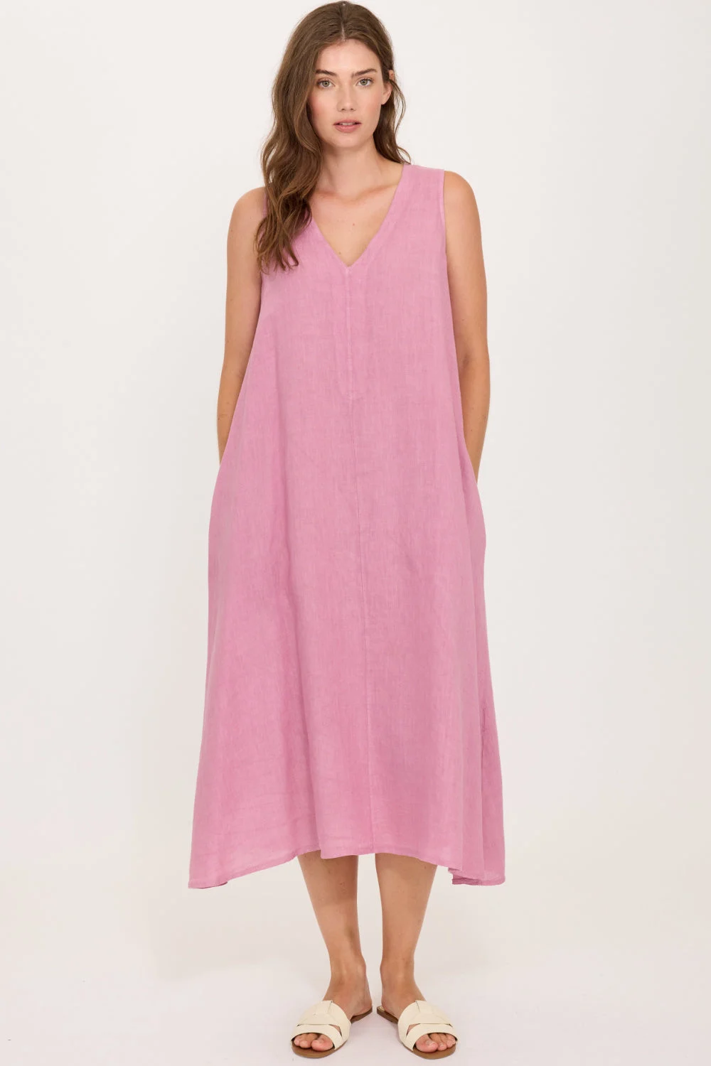 Pistache Linen Sleeveless Midi Dress, Peony (R0353)