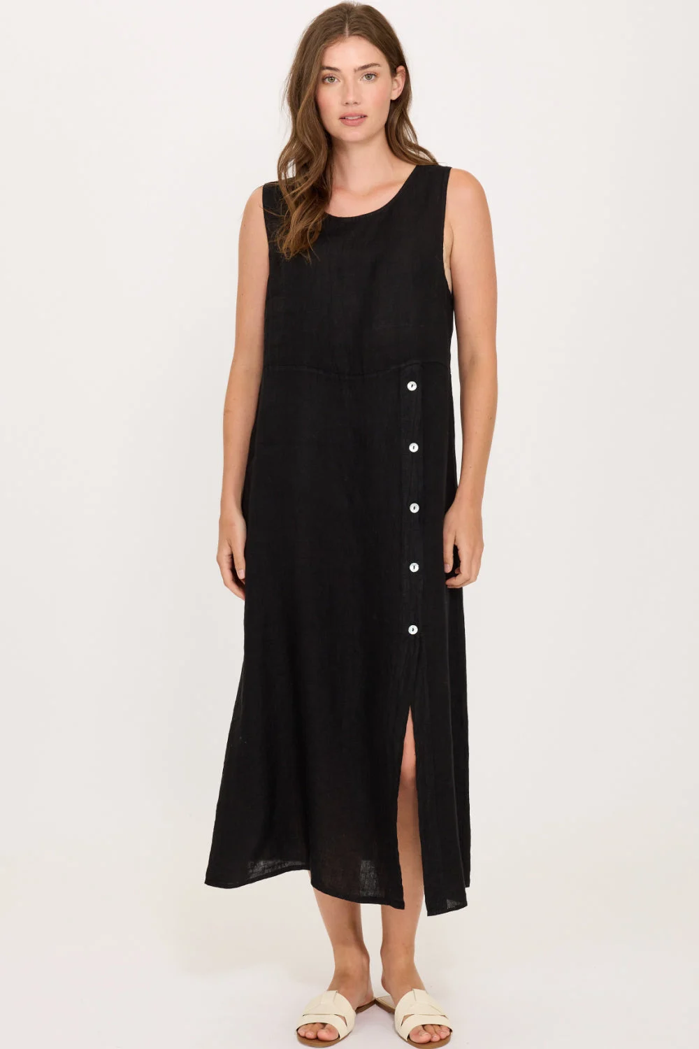 Pistache Linen Sleeveless Side Button Dress, Black (E25063)