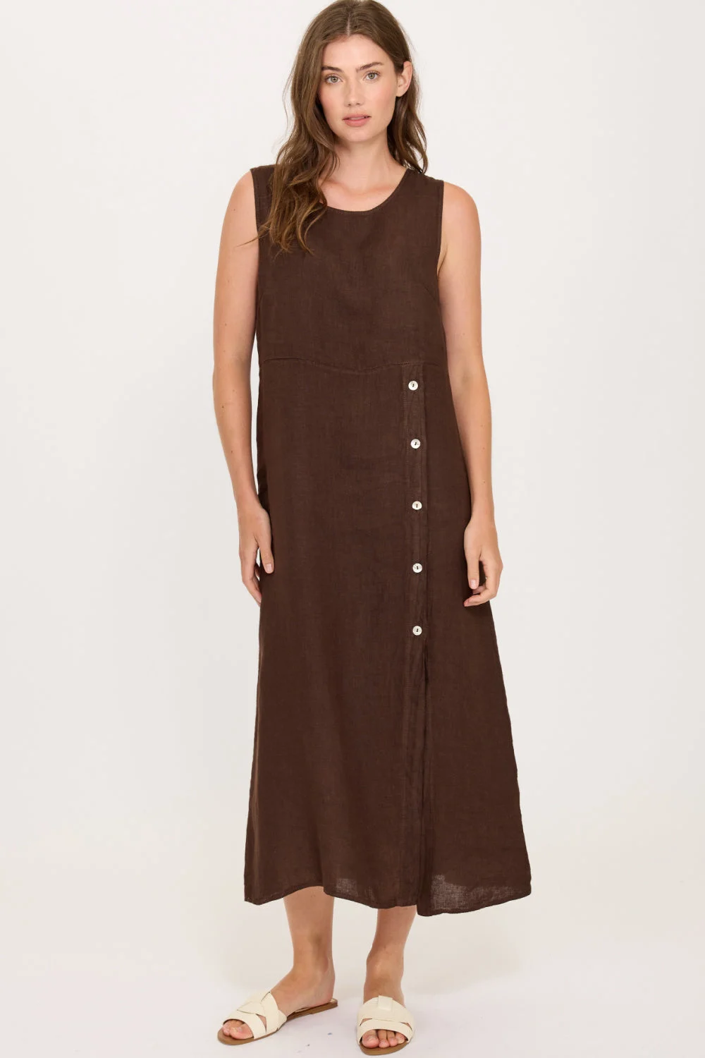 Pistache Linen Sleeveless Side Button Dress, Coffee Caffe (E25063)