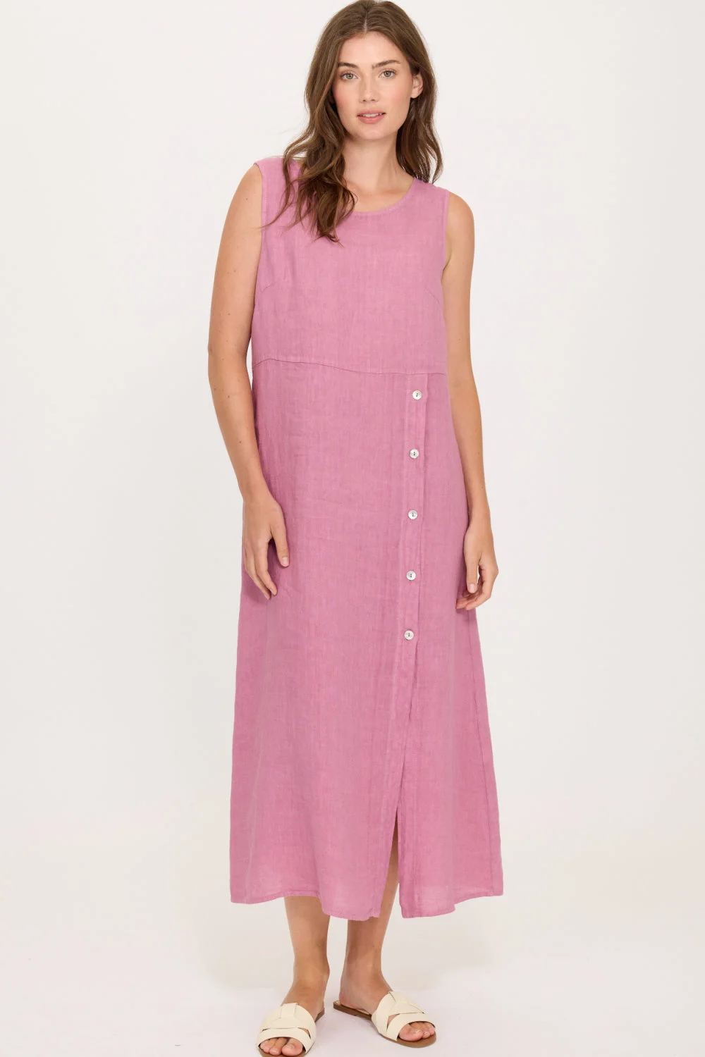 Pistache Linen Sleeveless Side Button Dress, Peony (E25063)