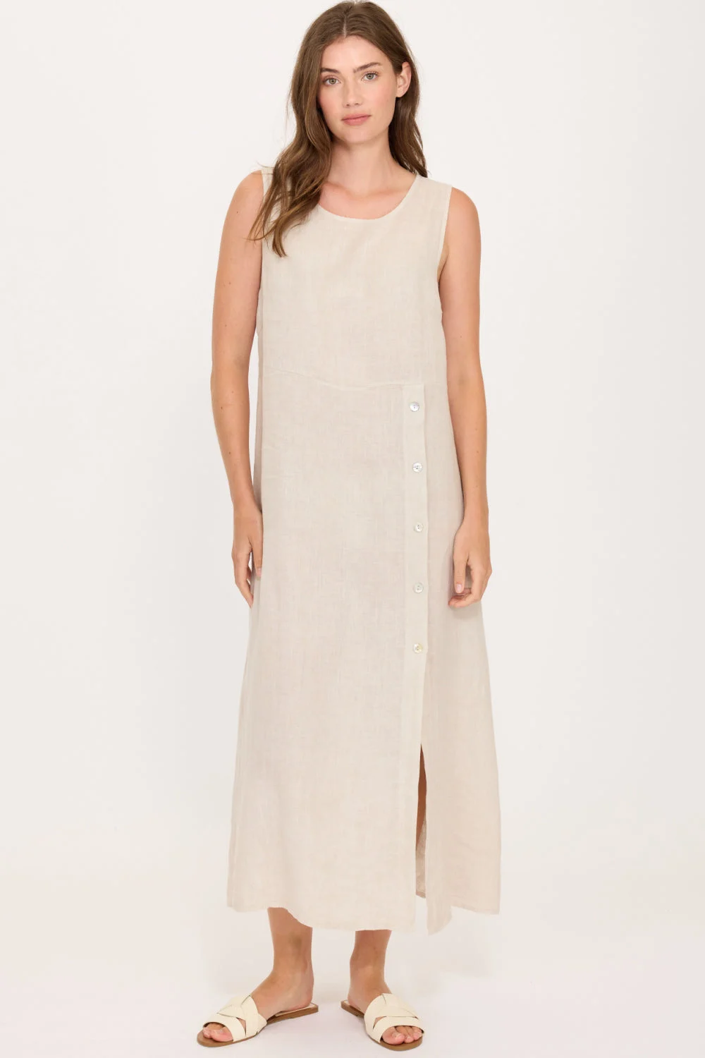 Pistache Linen Sleeveless Side Button Dress, Summer Beige (E25063)