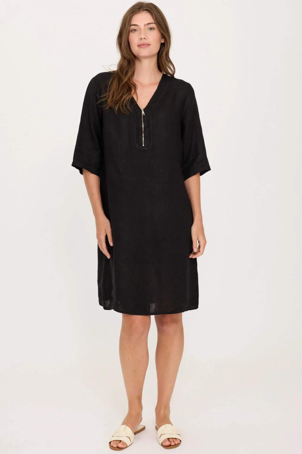 Pistache Linen Zipper Dress, Black (E25033)