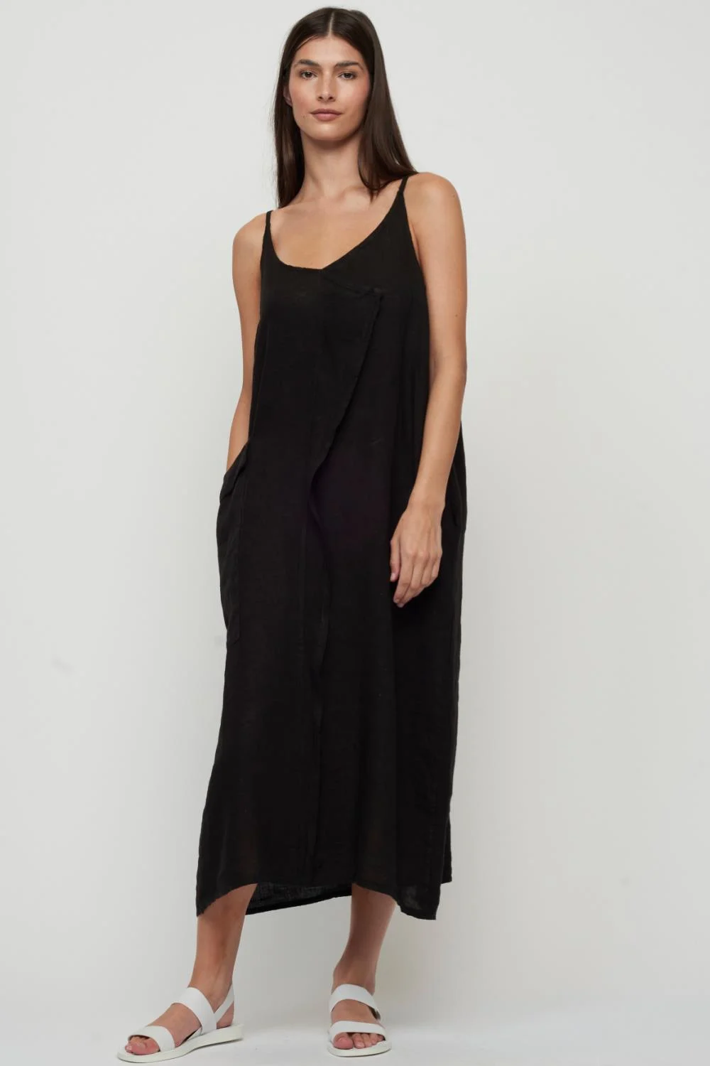 Pistache Sleeveless Fold Over Linen Dress with Large Patch Pocket, Black (D-23167)