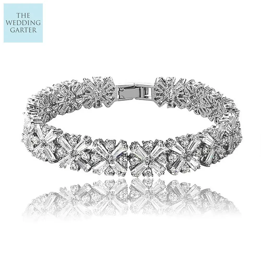 Platinum Plated Clear Cubic Zirconia Cluster Bridal Bracelet