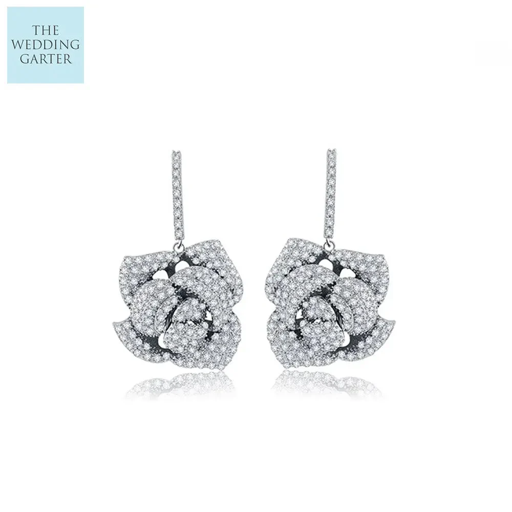 Platinum Plated Large Rose Design Cubic Zirconia Parve Drop Earrings