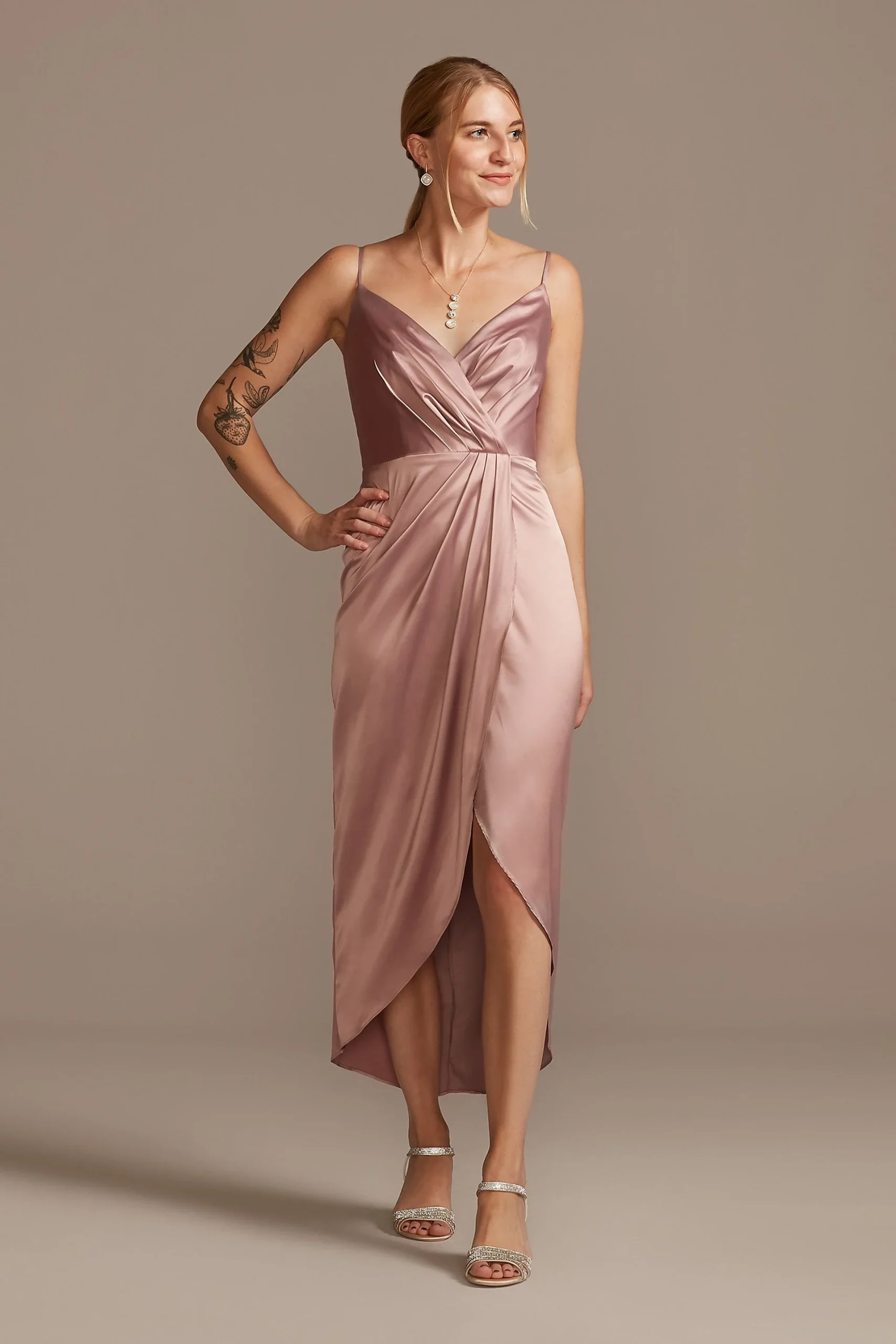 Pleated Bodice Spaghetti Strap Satin Tulip Dress