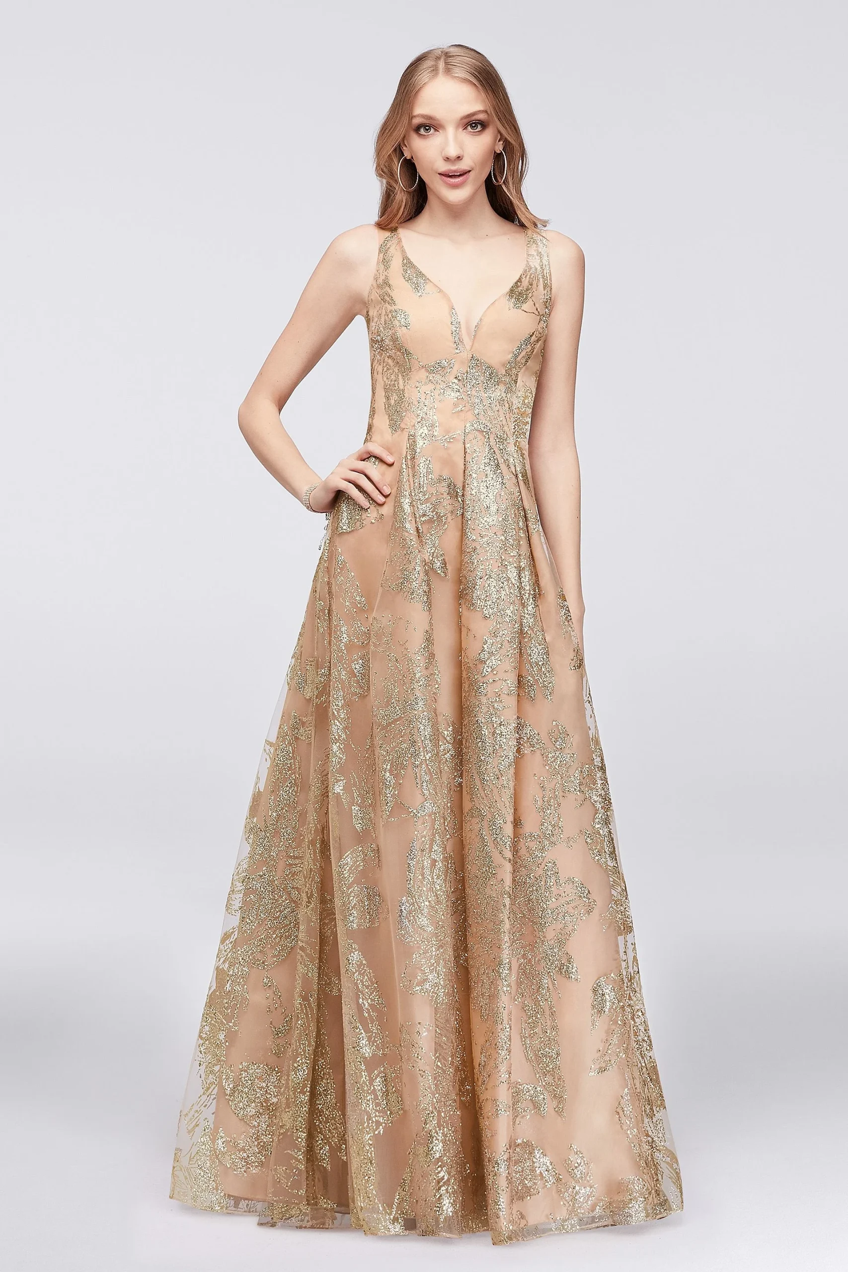 Pleated Crossback Ball Gown with Glitter