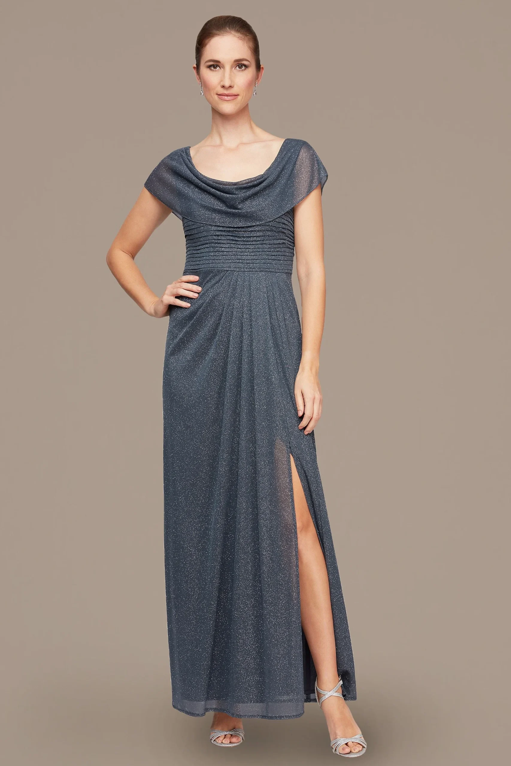 Pleated Glitter Mesh Cowl Neckline Petite Gown