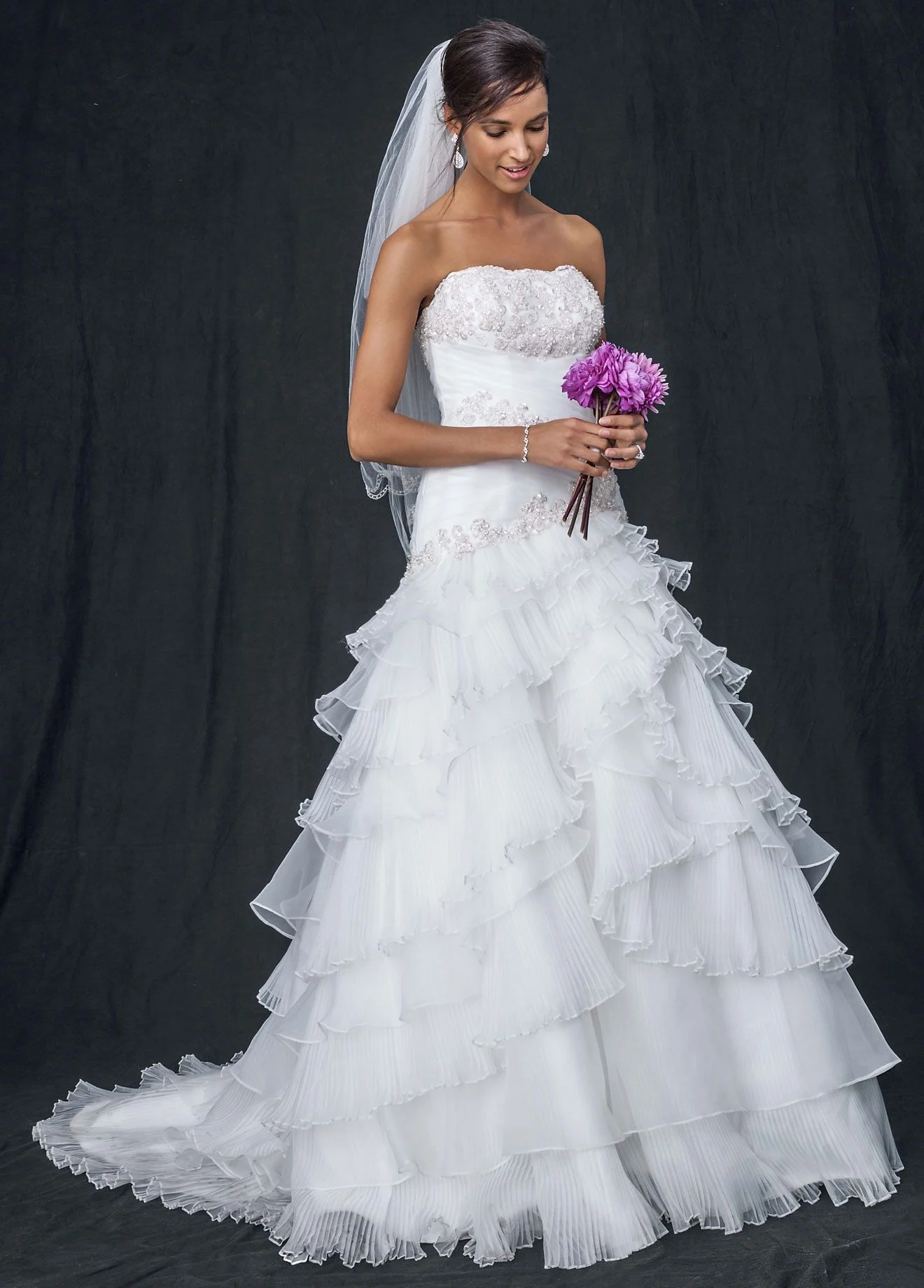 Pleated Wedding Dress with Tiers and Lace-Up Back