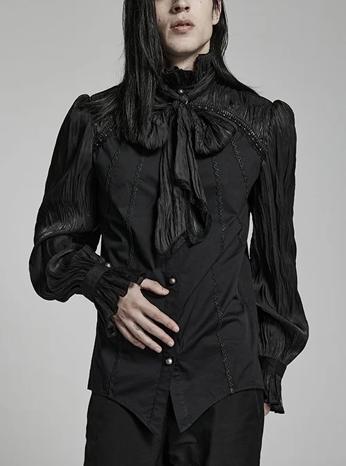 Pleated Woven Shoulder Paneled Delicate Lace Gothic Cage Shirt