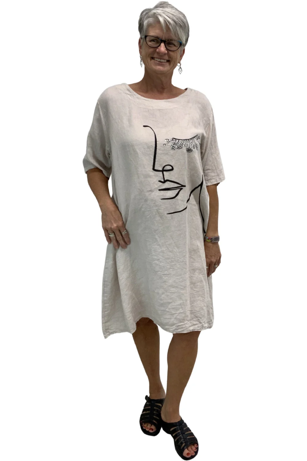 Plum Loco 100% Linen Bling Dress, Sand (RO9015)