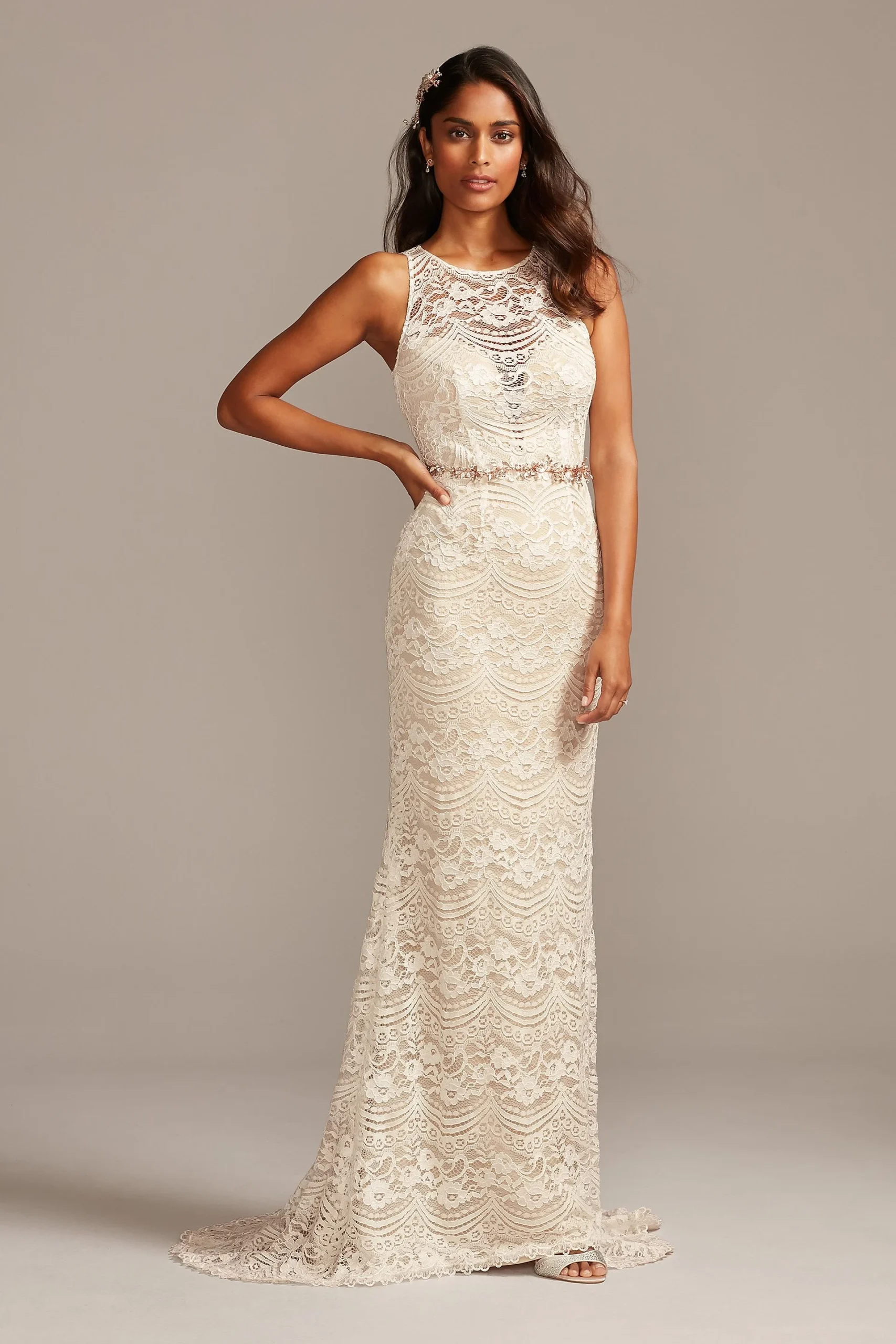 Plunge Illusion Chantilly Lace Wedding Dress