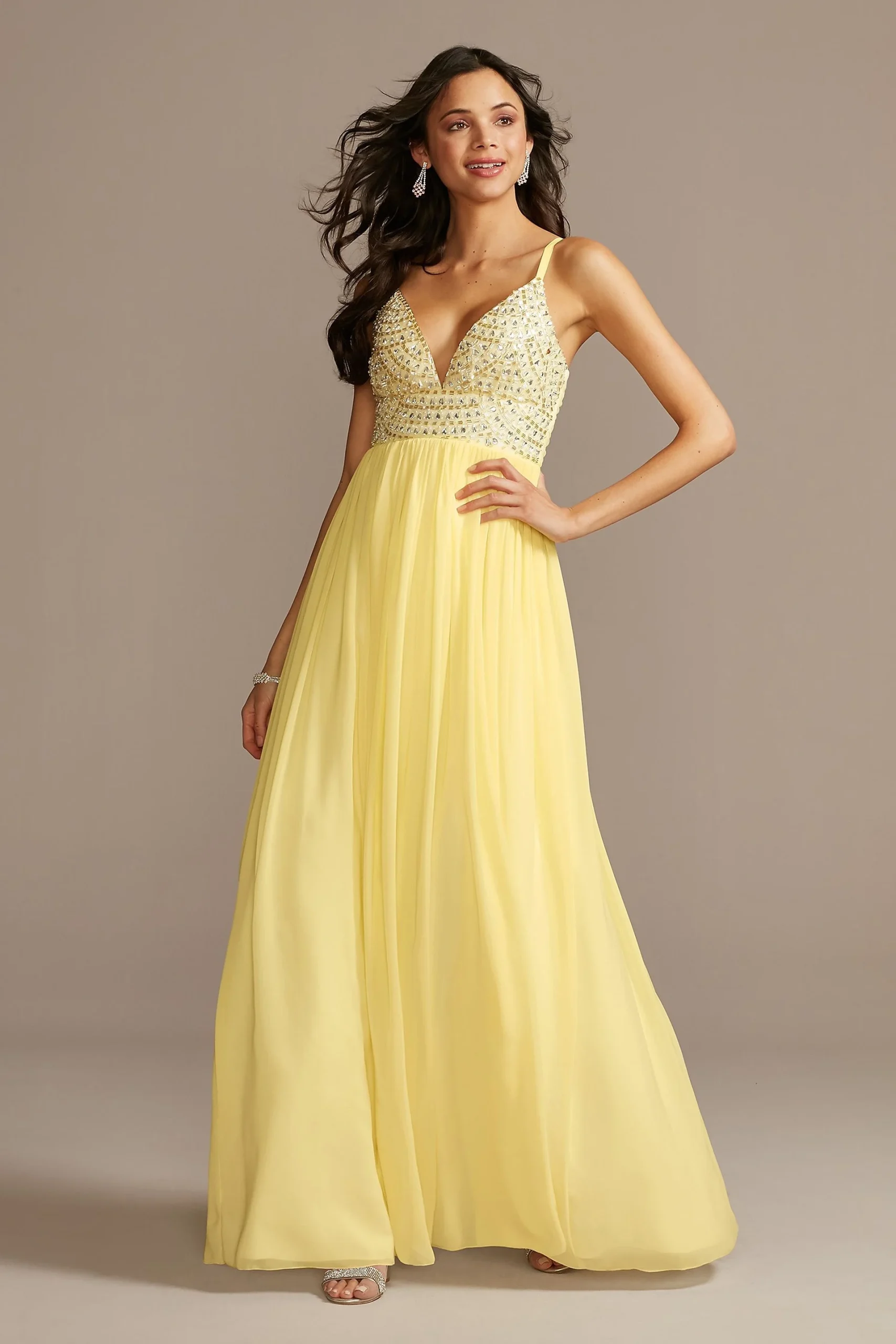 Plunging Chiffon Gown with Embellished Bodice