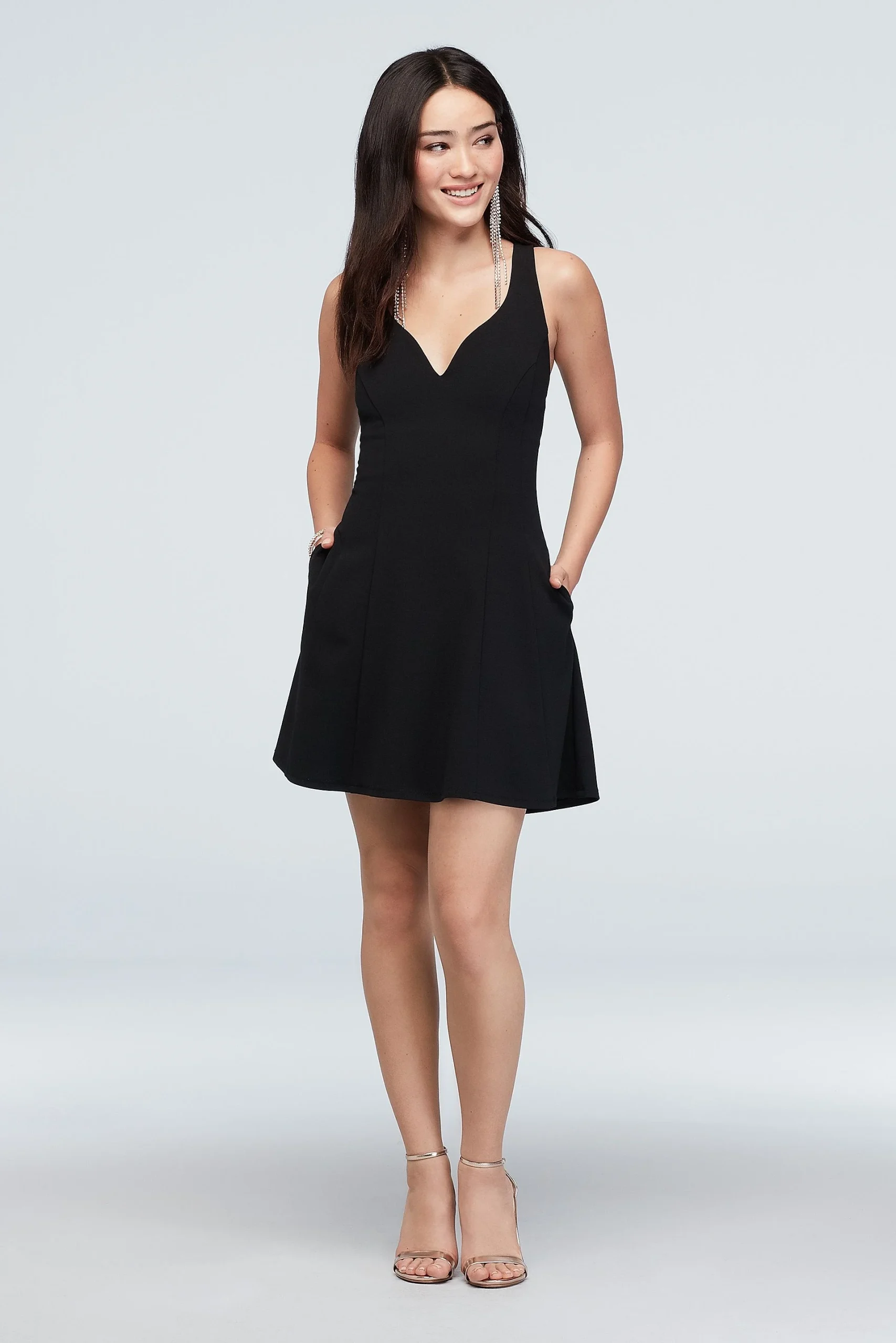 Plunging V Fit and Flare Short Dress with Pockets