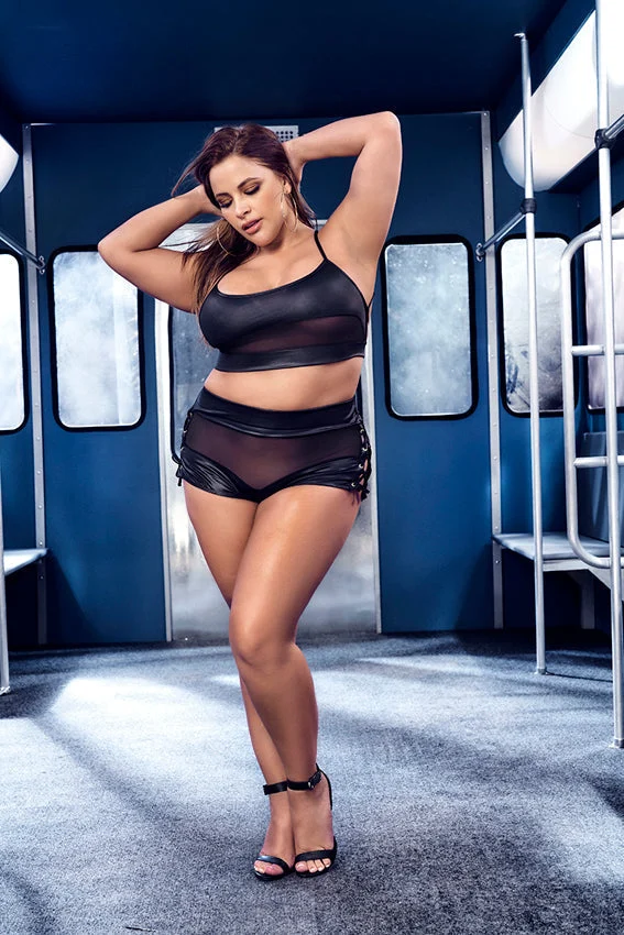 Plus Sheer Wet Look Strappy Two Piece Set