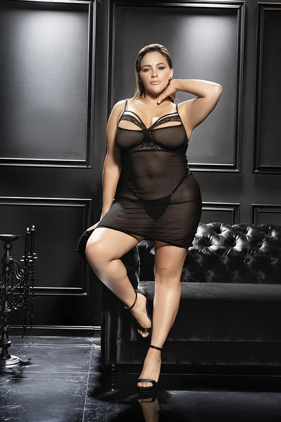 Plus Size Basic Mesh and Lace Accents Babydoll