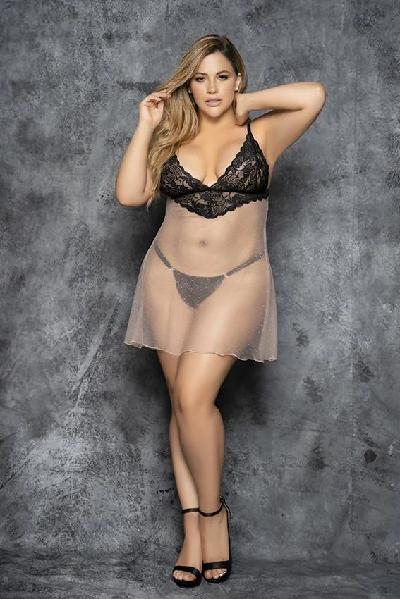 Plus Size Chic Sheer Babydoll with Lace Cups