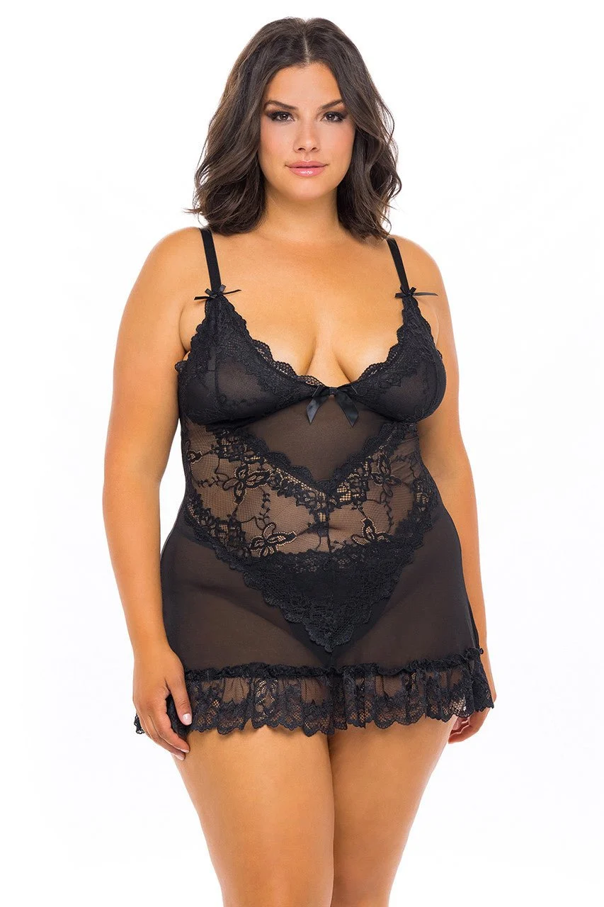 Plus Size Lace Sheer Soft Cup Babydoll Lingerie