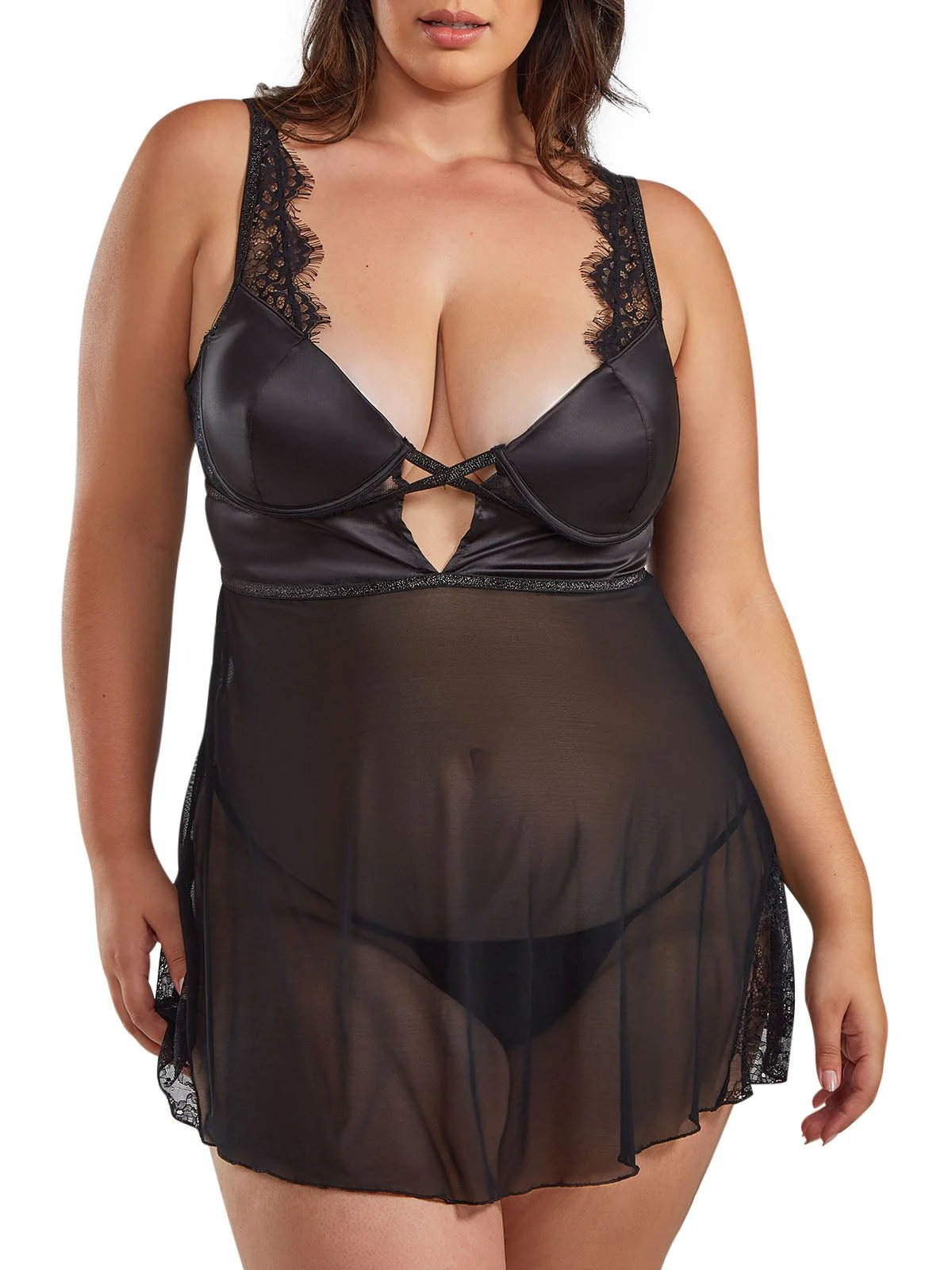 Plus Size Satin Sheer Babydoll G-String Lingerie Sets