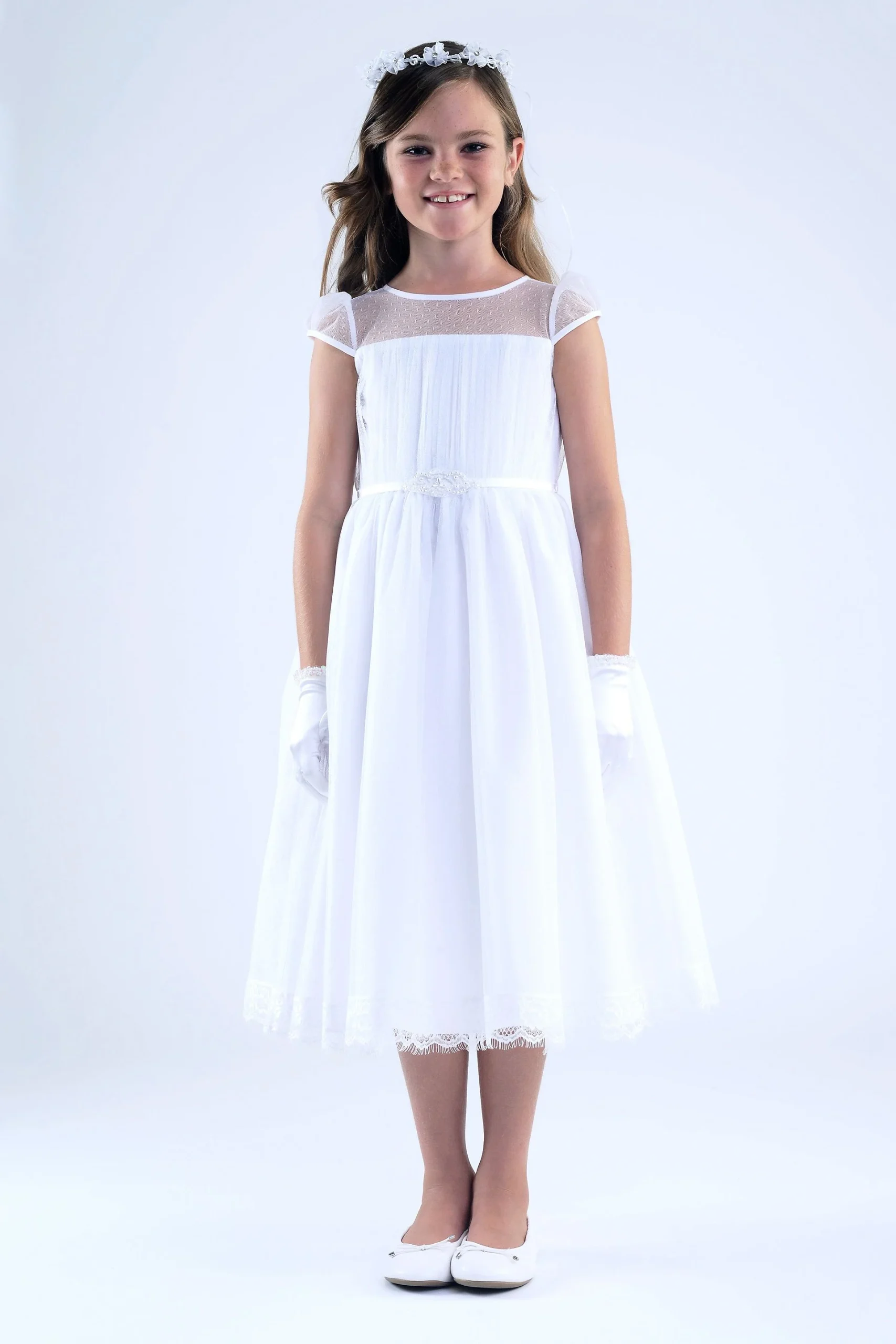 Point D'Esprit Sheer Neck Communion Dress with Bel