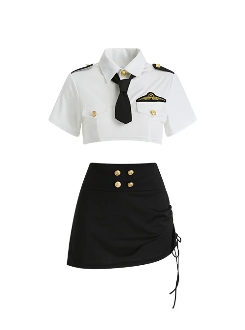 Police Woman Stewardess Cosplay Super Short Top Pleated Hip Skirt Exposed Waist Uniform Sexy Lingerie Set