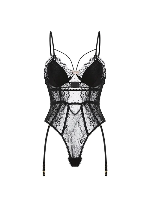 Polka Dot Perspective Eyelash Lace Deep V Hidden Button Open Crotch With Chest Pads Sexy Lingerie Jumpsuit